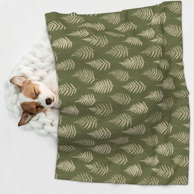 Cat Dog Blanket Cream Fern Sketches On Olive Green Ultra Soft Warming Mat for Indoor Pet Beds Furniture 27.6 X 19.7inch
