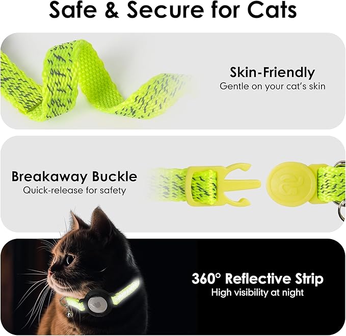 azuza AirTag Cat Collar with Reflective Fluorescent Green, Breakaway Safety Collar with Lightweight Design, Apple AirTag Holder and Bells, Adjustable for Cats(9-13")