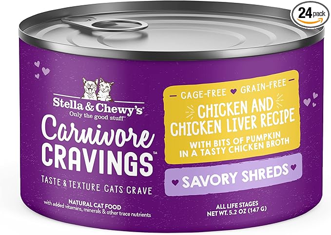 Stella & Chewy's Carnivore Cravings Savory Shreds Cans – Grain Free, Protein Rich Wet Cat Food – Cage-Free Chicken & Chicken Liver Recipe – (5.2 Ounce Cans, Case of 24)