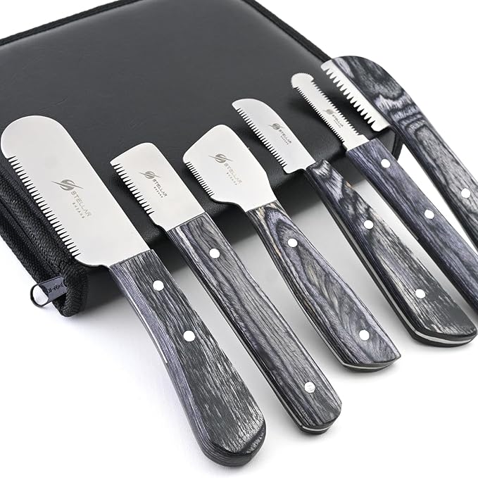 Dog Grooming Stripping Knife Set – 6-Piece Stainless Steel Hand Stripping Tools with Wooden Handles – Coarse, Medium, Fine & Extra-Fine Knives for Dogs, Cats & Wire-Coated Pets (Black)