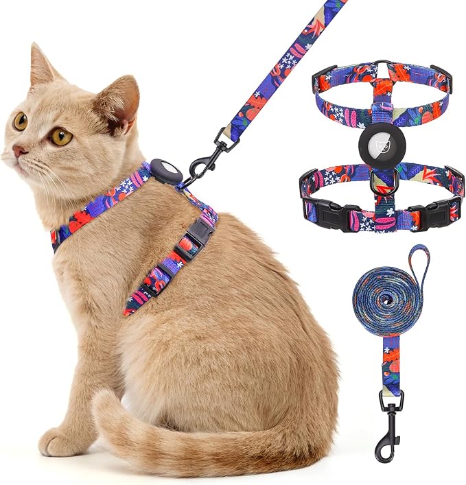 SCENEREAL Adjustable Cat Harness and Leash Set with AirTag Holder, Escape-Proof Design for Small to Large Cats, Lightweight Soft Travel Harness, Navy Blue