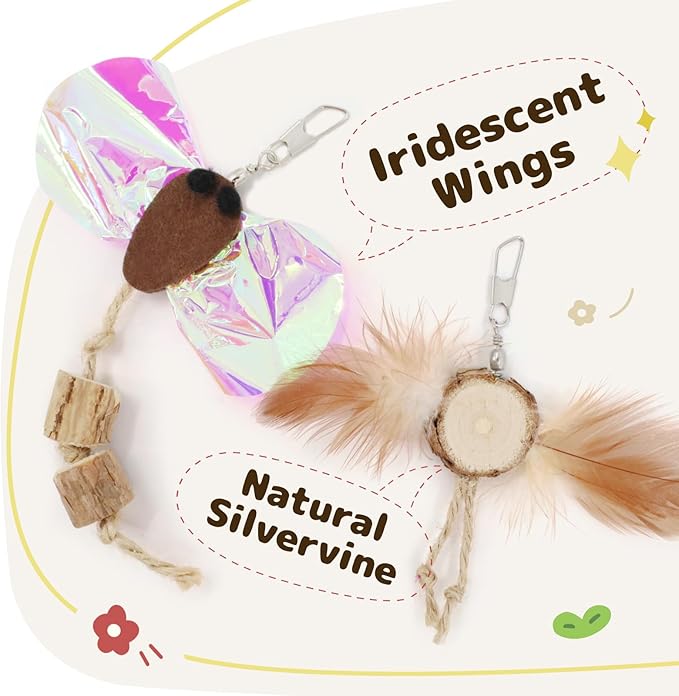 SONGWAY Cat Wand Toy Replacement - 6 PCS Flying Bird & Crinkle Butterfly Cat Toy Feather Refills with Silvervine, Cat Teaser Wand Attachments, Interactive Cat Toys for Indoor Cats Kittens