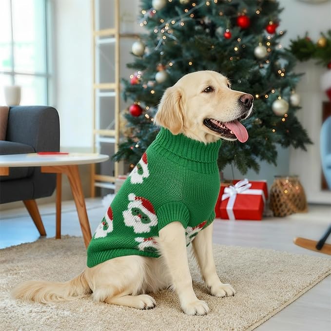 Dog Sweater Knitted for Small to Large Dogs Boy Girl, Classic Turtleneck Dog Christmas Sweaters, Warm & Soft Santa Claus Pet Clothes for Winter (Green, L)