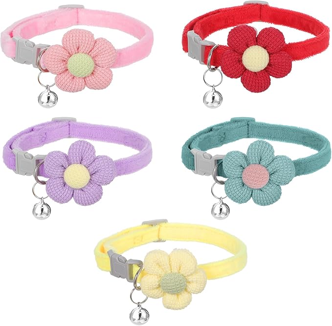 Teaaha 5 Pack Cute Cotton Kitten Collar with Bell, Safety Buckle Flower Cat Collars Breakaway for Boy Girl Cats, Soft Kitty Bells Collar Adjustable from 8.7 to 13.7 Inches(5 Color)