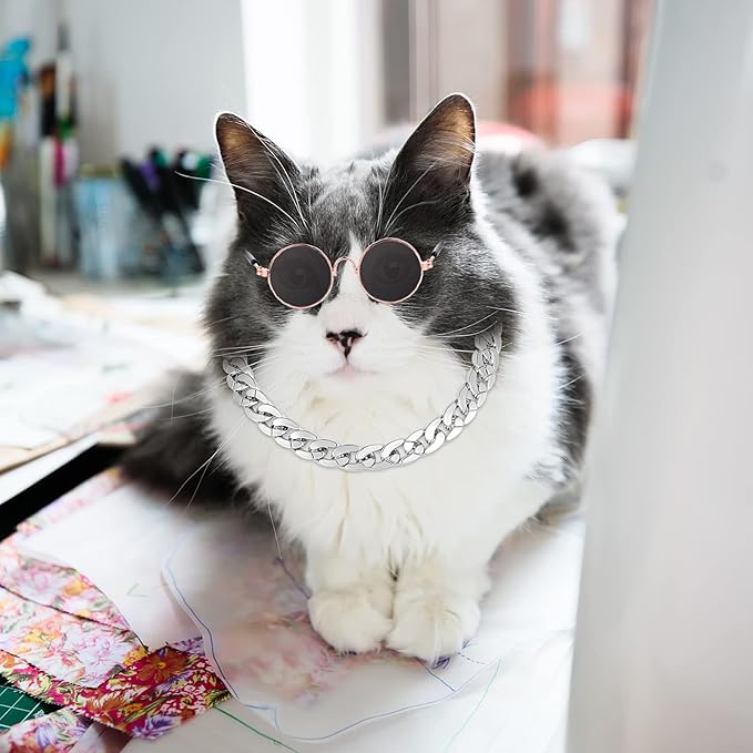 Molain Cat Sunglasses Gold Chain Costume Decorations- Cat UV Protection Classic Retro Puppy Retro Black Sunglasses Faux Silver Adjustable Chain Cosplay Costume Cool Funny Photo Props
