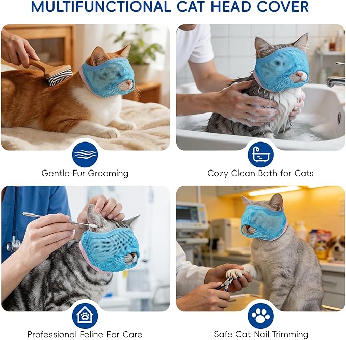 Nanaki 2-Pack Adjustable Cat Muzzle, Visualized Anti-Biting Face Cover for Grooming, Nail Trimming, Teeth Cleaning & Eye Protection - Calms Brushing, Allows Meowing（Blue,S）