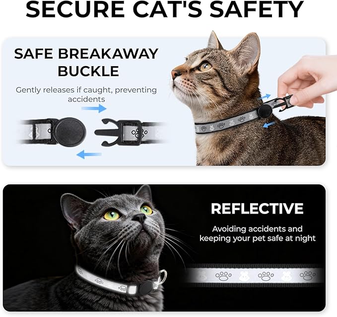 Cat Collar Breakaway, Reflective Kitten Collar with Bell, Safety Buckle Kitten Collar, Lightweight, Adjustable, Comfortable, Suitable for Boy Girl Cats (7"-13") Black