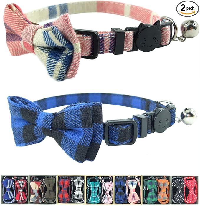 Cat Collar Breakaway with Bell and Bow Tie, Plaid Design Adjustable Safety Kitty Kitten Collars Set of 2 PCS (6.8-10.8in) (Pink&Blue Plaid)