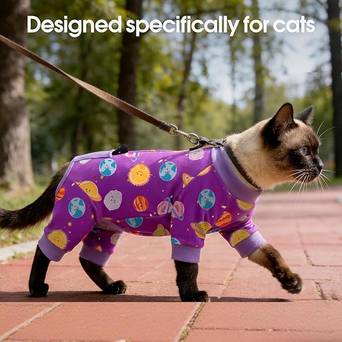 DENTRUN Cat Clothes for Hair Control with Hair Sticky Fabric - Soft Recovery Suit & Breathable Lint-Resistant Cat Sweater for Cats Only, Kitten Onesie Pajamas, S, Purple