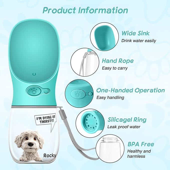 Personalized Dog Water Bottle - Custom 3D Cartoon Pet & Name, Portable Leak Proof Water Dispenser with Drinking Feeder, Dogs Cats Travel Walking Hiking Gifts for Pet Owners