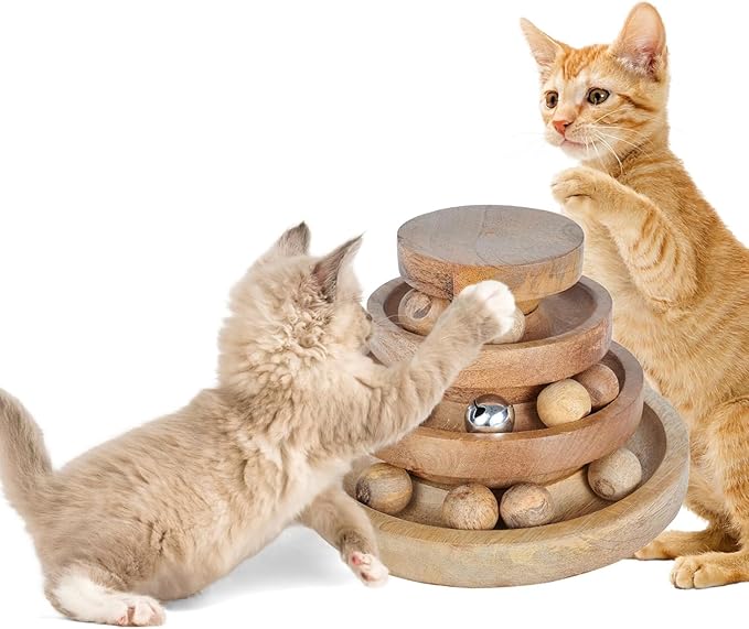 Interactive Cat Toy Tower with Balls & Bell – 3 Tier Track Ball Toy for Indoor Cats & Kittens – Wooden Cat Enrichment Toy for Bored Cats, Exercise & Mental Stimulation 8 x 8 x 4 Inches