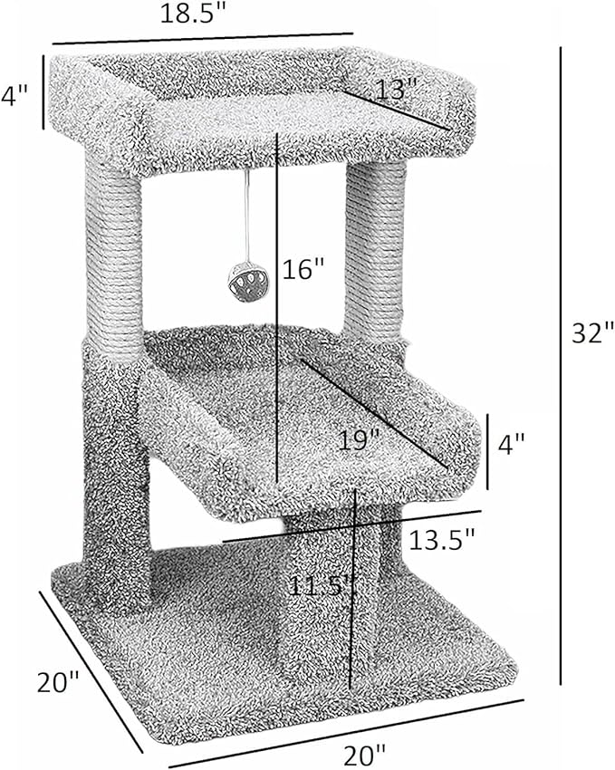 Maykoosh Artisanal Abode Spacious Cat Tree Perch for Large Cats, Durable Carpet Upholstered Cat Play Tower, Sturdy Wood Construction Light Gray