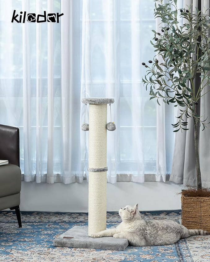 34Inch Tall Cat Scratching Post,4.3Inch Diameter Large Sisal Cat Scratch Post with Ball, Sturdy and Durable Cat Scratcher for Indoor Cats Adults Grey