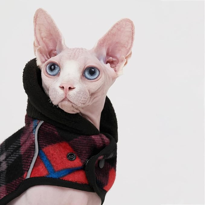 Sphynx Cat Windproof Turtleneck Jacket, Cat Puppy Warm Fleece Hoodie Fall and Winter,Easy to Wear Cat Coat with Velcro,Neck and Chest Adjustable Sweater (S (2-3.5lbs)