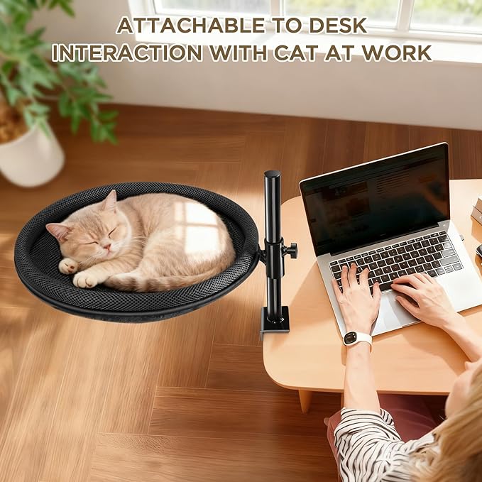 Cat Desk Bed, Cat Hammock with 360° Rotating & Height Adjustable, Removable Dual-Sided Breathable & Comfortable Kitten Bed, Cats Furniture Attachment for Indoor Office Desk (Black)