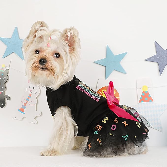 Dog Birthday Outfit: Colorful Alphabet Mesh Dresses, Summer Tutu Princess Pet Puppy Clothing, XS, Black