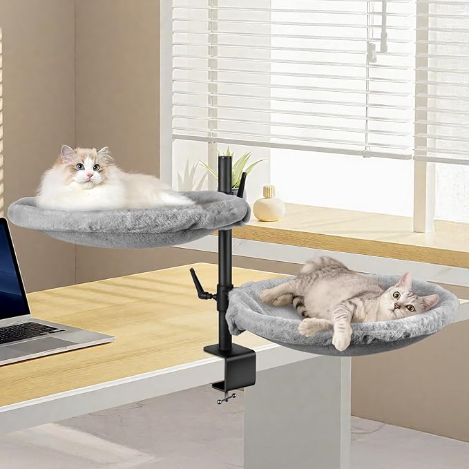 Double Cat Desk Bed - 2 Large Layers Cat beds with 360° Rotating & Adjustable Height, 16.5 inch Kitten Nest for Desktop with 2 Washable Soft Covers, Kitten Hammock Bed Mount for Home Office Grey
