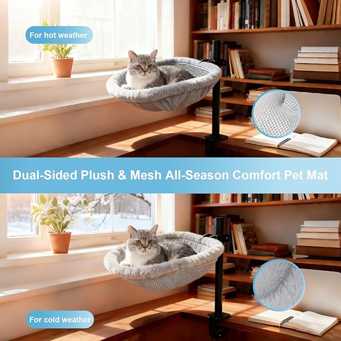 Cat Desk Bed - 360° Rotating Height Adjustable Cat Hammock for Desks & Tables, Soft Washable Dual-Sided Plush & Mesh Mat for Indoor Cats and Puppy, Supports Up to 45lbs, Suitable for Office Home Use