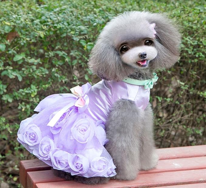 SMALLLEE_Lucky_Store Pet Small Dog Wedding Dress with Bowknot Birthday Party Costume Satin Rose Pearls Girl Formal Dress Cat Tutu Purple Violet, Medium