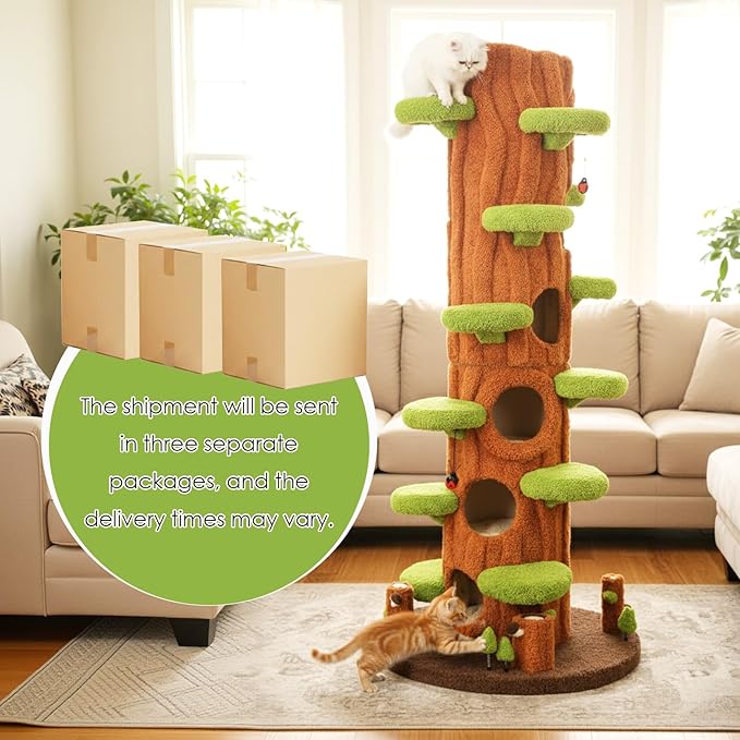 NUNU LAB 90.5 Inch Tall Large Cat Tree, Magic Forest Solid Wood Cat Tree Tower with Sisal Scratching Posts, Multi-Level Cat Condo with Side Hideaway Cave, Heavy Duty Cat Tree for Large Cats, Green