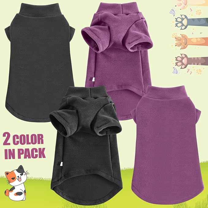 Idepet Sphynx Cats Sweater 2 Pack,Turtleneck Hairless Cat Shirt Soft and Warm Kitten Clothes with Sleeves Pullover Pet Winter Pajamas Jumpsuit for Cat Puppy (Black&Purple, Large)