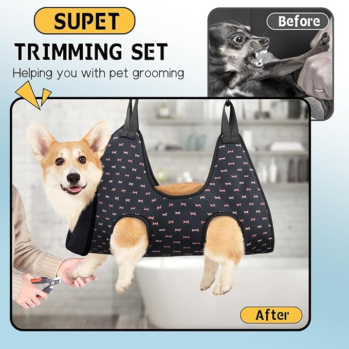 Supet Dog Grooming Hammock Harness for Dogs Cats, Restraint Dog & Small Animal Leashes Sling for Groomingk for Nail Trimming (Black Currant, XS)