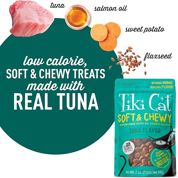 Tiki Cat Soft & Chewy Grain Free Dry Cat Treats, Tuna, 2 oz. Pouch (8 Count)
