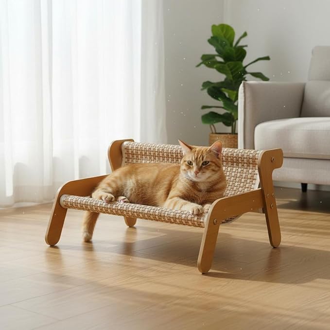 Cat Scratcher Bed No Shedding Cat Lounge Bed Animal Furniture for Hefty Cats, Linen Style