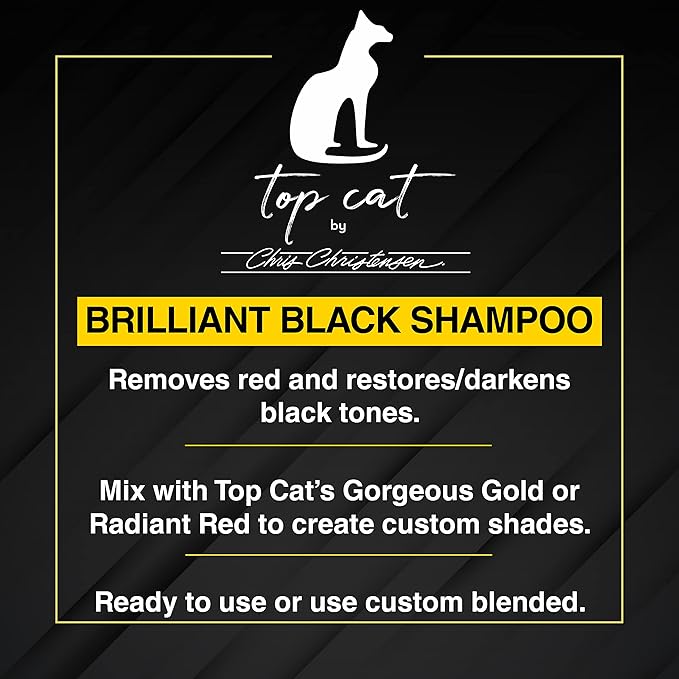 Chris Christensen Top Cat Brilliant Black Shampoo for Cats, Groom Like a Professional, Removes Red, Restores Black Tones, Made in USA, 8 oz