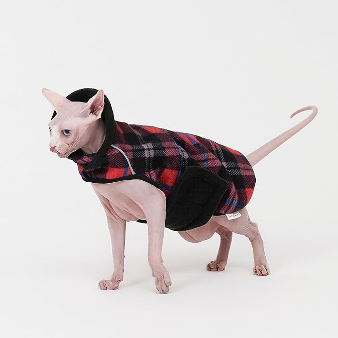Sphynx Cat Windproof Turtleneck Jacket, Cat Puppy Warm Fleece Hoodie Fall and Winter,Easy to Wear Cat Coat with Velcro,Neck and Chest Adjustable Sweater (XL (8-11lbs))