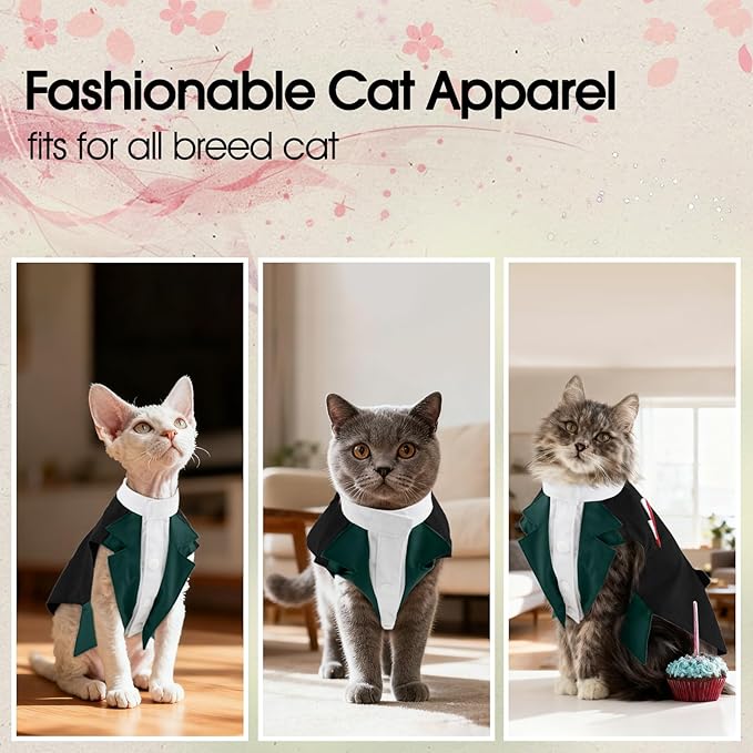 DENTRUN Cat Tuxedo Outfit Formal Suit with Shirt, Fancy Pet Tuxedo Vest for Hairless & Furry Cats, Kitten Wedding Attire Birthday Party Costume Clothes for Cats Only, XS-XXL