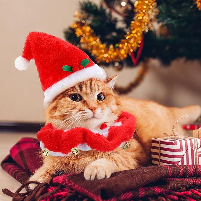 Abbylike 8 Pcs Cat Christmas Costume Suit Tutu Collar and Green Shiny Hat Outfit Santa Christmas Cat Collar with Bell Hat and Collar Kitten Outfit Clothing for Puppy Dog Gift