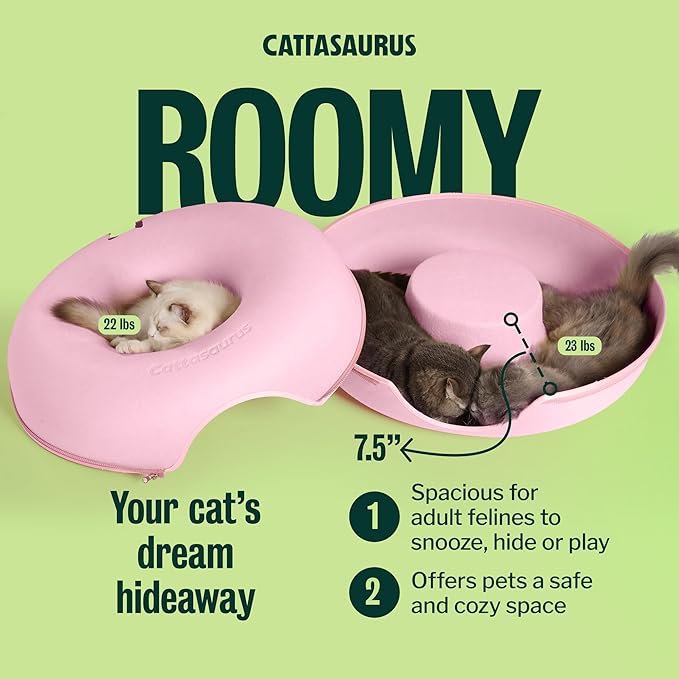 Cattasaurus Peekaboo Cat Cave Donut for Multiple & Large Cats up to 30-45 lbs, 3-in-1 Self Warming Cat Bed, Tunnel & Scratcher for Indoor Cats, Washable & Detachable Small Dog Bed (Pink, Large)