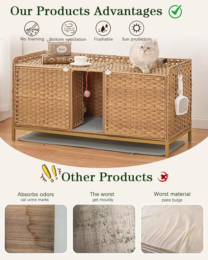 SETVSON Cat Litter Box Enclosure for 2 Cats, Hidden Litter Box Furniture with Mat, Large Rattan Cat House with Double Room and Door, 47.3 L x 19.7 W x 24 H, 2 S-Shaped Hooks for Living Room Natural