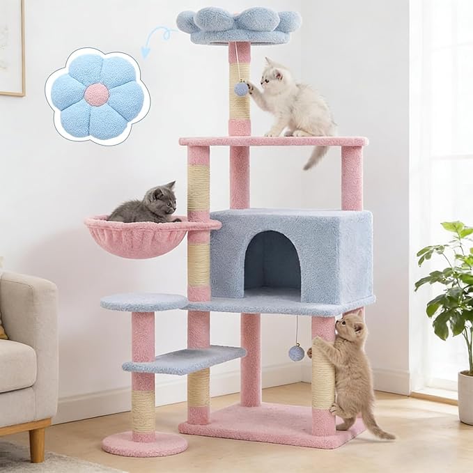 Flower Cat Tree 56 Inches，Large Cat Tower with Detachable Flower Cushions and Hiding Condo, Blue and Pink Cat Tree with Hammock Bed, Interactive Toys and Scratching Posts for Indoor Cats