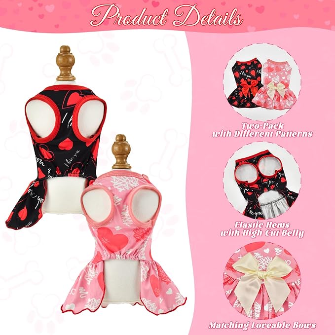 2-Pack Valentine's Day Dog Cat Dress Love Heart Dog Dresses Puppy Valentines Day Skirt Dog Pet Valentines Day Costume Outfit Apparel Clothes for Small Medium Dogs Cats S