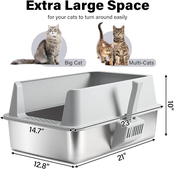2PCS Stainless Steel Cat Litter Box with Lid Large to XL,Metal Litter Box High Sides for Big/Multiple Cats,Open Design,Indoor,1-Mat and 1-Scoop,Easy to Clean, No Odor,Anti-Urine Leakage