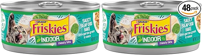 Friskies Purina Indoor Cat Food Meaty Bits Saucy Seafood Bake with Garden Greens in Sauce - 5.5 oz. Cans (Pack of 48)