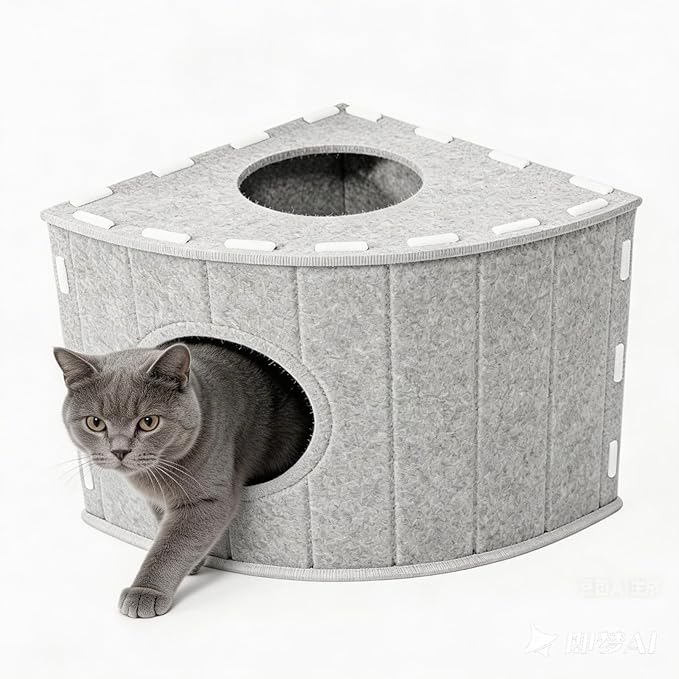 Felt Cat House, Space-Saving Closed Fan-Shaped Corner Design for Wall Corners & Sofa Nooks, with Self-Adhesive Cat Scratching Pad, Warm Cozy Cat Hideaway for Indoor Kittens & Adult Cats (Gray)