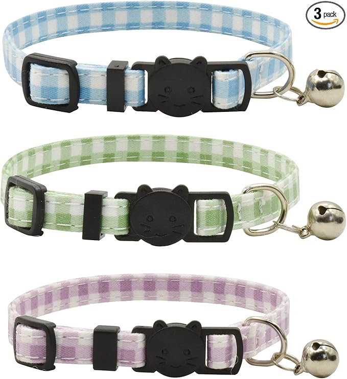 Breakaway Cat Collars with Bell, Set of 3, Durable & Safe Cute Kitten Collars Safety Adjustable Kitty Collar for Cat Puppy 7.5-11in (Plaid-2)