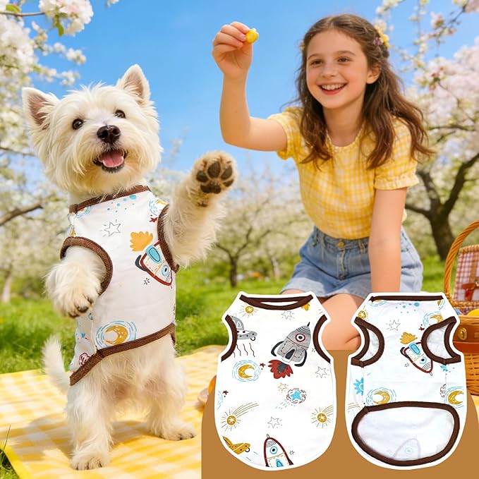 PETCARE Cartoon Dog Shirts for Small Dogs Cute Dog Clothes Brown Spaceship Tshirt Soft Cotton Puppy Pajamas Breathable Sleeveless Pet Tank Top Spring Summer Dogs Clothes for Chihuahua Yorkie Shih Tzu