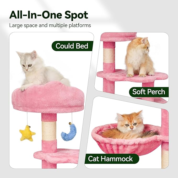 Meecal 43-Inch Cat Tree,Cute Cloud Cat Tree for Kittens & Small Cats Under 6 Months 9lbs, Cat Tower with Scratching Post, Double Condos, Plush Hammock & Dangling Toys, Pink