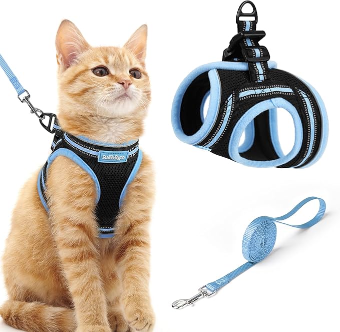 rabbitgoo Cat Harness and Leash Set for Walking Escape Proof, Adjustable Soft Kittens Vest with Reflective Strip for Cats, Comfortable Outdoor Vest, Black & Light Blue, M