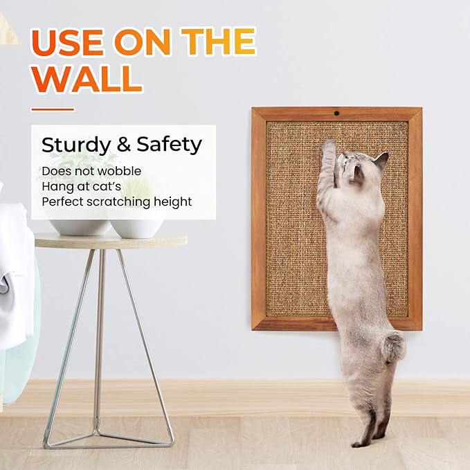 Cat Scratching Post, Natural Wooden Sisal Cat Scratch Pad, Floor or Wall Mounted Vertical Cat Scratcher Mat for Indoor Cats Adults or Kittens, Scratching Board Cat Wall Furniture Protector