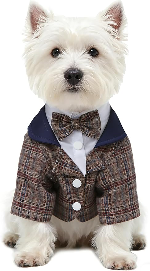 GabeFish Pets Wedding Jackets Suit for Dogs with Bow Tie Puppy Cat Formal Clothes Shirt Tuxedo (Brown, L (Chest 17.3in/44cm))