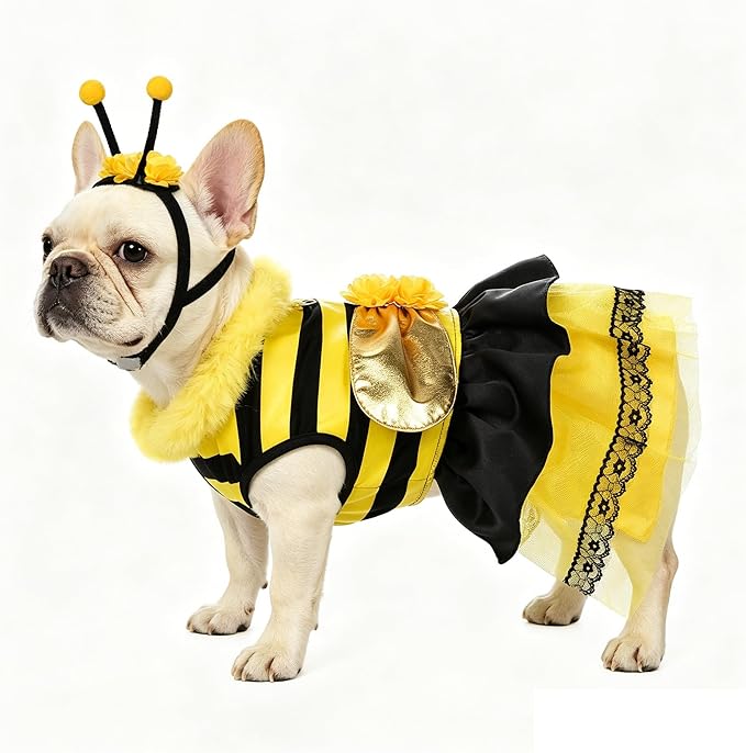 Relibeauty Dog Bee Costume, Cute Cat Bumblebee Dress with Headband and Wings for Halloween Themed Party, Yellow, M
