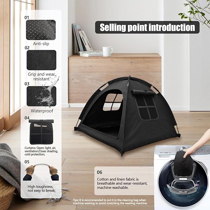 Anti-Anxiety Open Pet Tent, Calming Hideaway Monitoring Bed for Cats & Small Dogs, Breathable Mesh, Tool-Free Setup, Indoor Outdoor Travel, Black