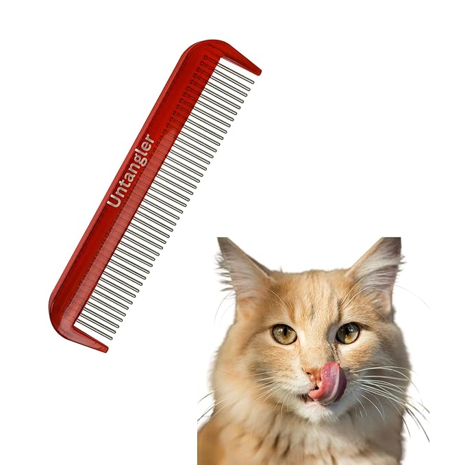 Cat Comb - Ferrari Red, 5" - Silky Smooth Rotating Teeth for Gently Detangling Matted Cat Hair, Stimulates Natural Oil Production, Stainless Steel, Made in USA, Vet Recommended