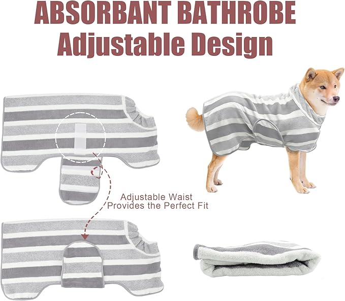 Fast Drying Dog Bath Robe, Super Absorbent Stripes Dogs Towel, Adjustable Warm Keeping Pet Puppy Bath Supplies (Grey, XS)