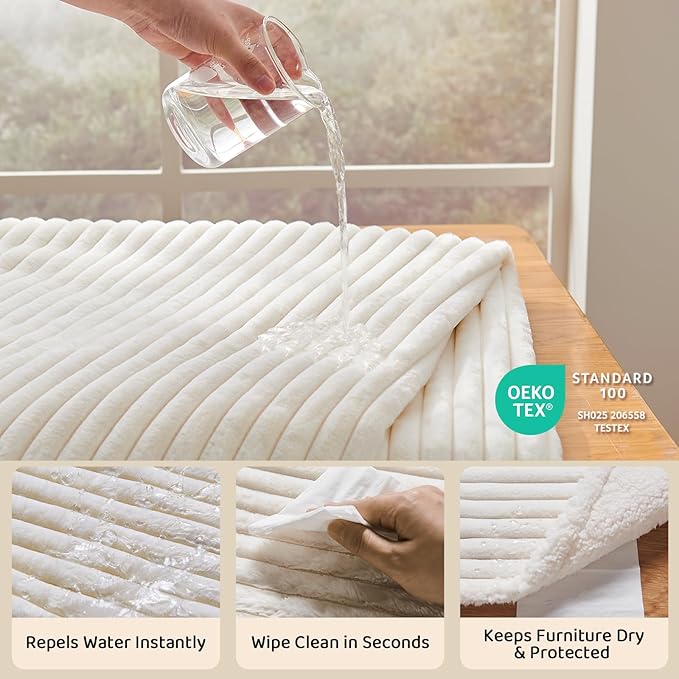 Qeils Waterproof Calming Dog Blanket for Large Dogs, Noiseless Soft Plush Pet Blanket for Bed, 500GSM Thick Faux Fur Pet Throw, Cozy Couch Furniture Protection Washable, Cream, 50x60IN